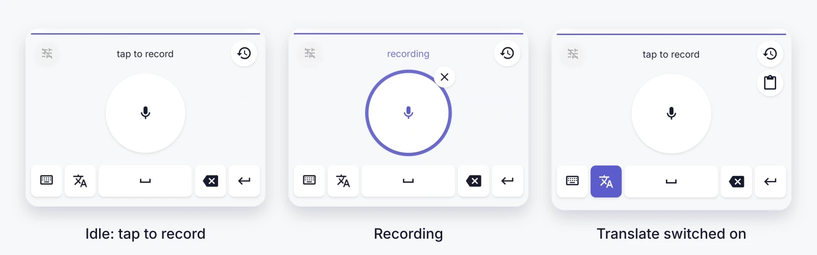 The three keyboard states: idle, recording, and translate switched on