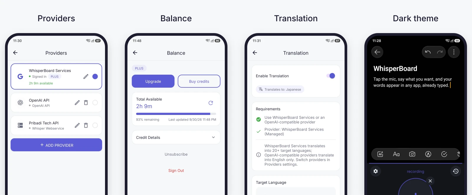WhisperBoard on a real device: providers, balance, translation and dark theme