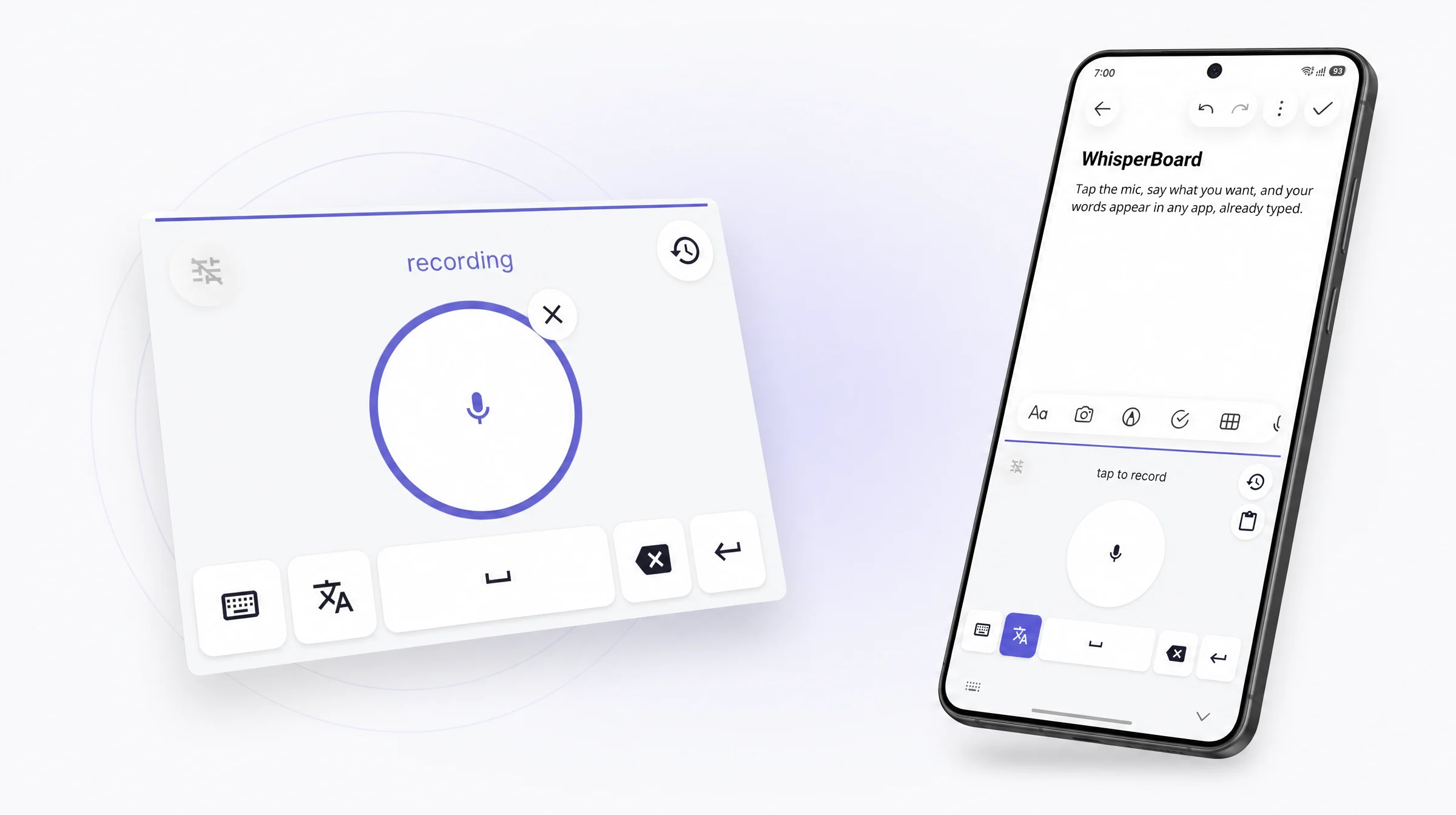 WhisperBoard shown twice: a floating Android phone with the app and voice keyboard on screen, and beside it the voice keyboard itself, enlarged, with its circular mic button and rounded keys